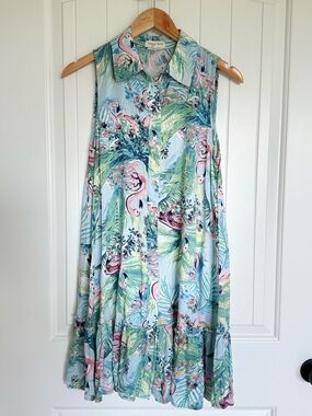 Song n Spirit Flamingo Tropical Shirt Dress S Blue Green Button Up Tiered Ruffle